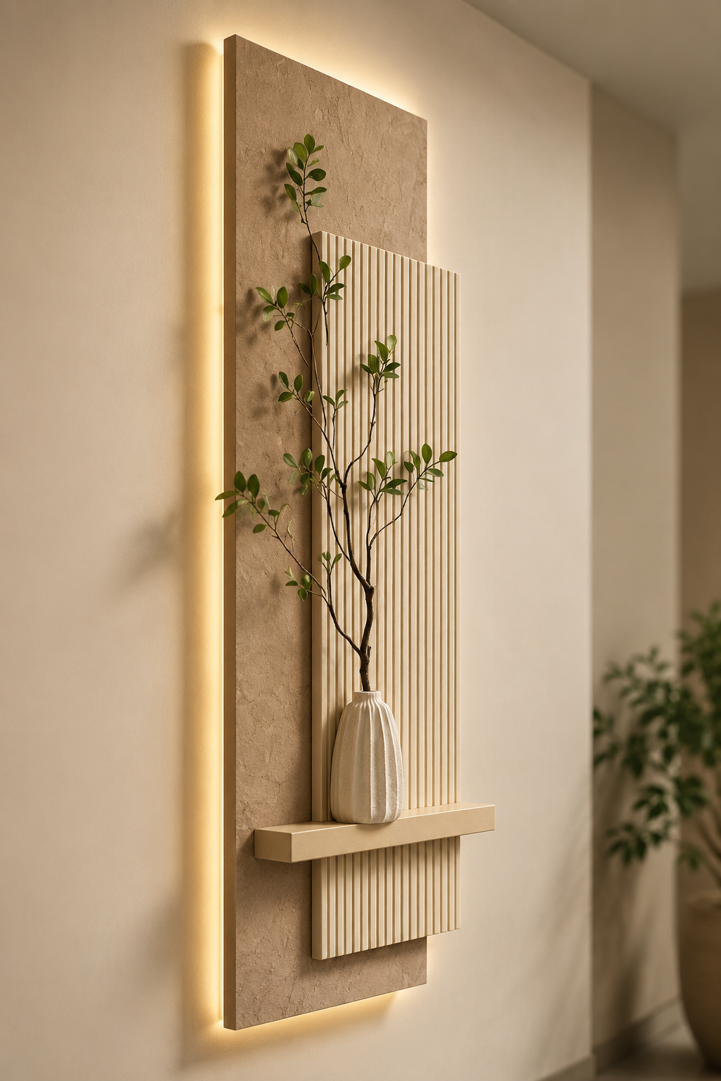 Modern LED Wall Art Panel with Shelf | Fluted Decorative Wall Decor