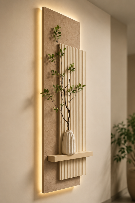 Modern LED Wall Art Panel with Shelf | Fluted Decorative Wall Decor