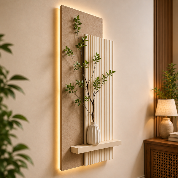 Modern LED Wall Art Panel with Shelf | Fluted Decorative Wall Decor