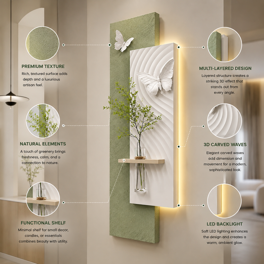 LED Butterfly Wall Art Panel with Shelf | Modern 3D Decorative Wall Decor