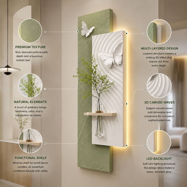 LED Butterfly Wall Art Panel with Shelf | Modern 3D Decorative Wall Decor - alternate