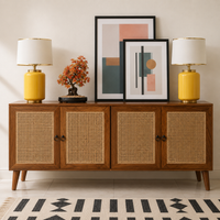 Solid Sheesham Wood Cane Sideboard Cabinet with 4 Doors Storage