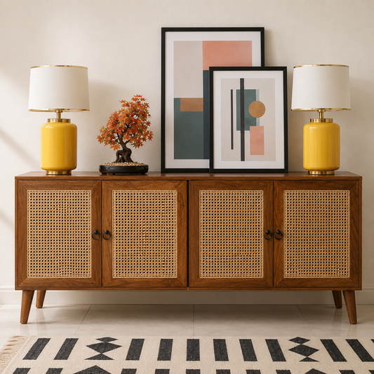 Solid Sheesham Wood Cane Sideboard Cabinet with 4 Doors Storage