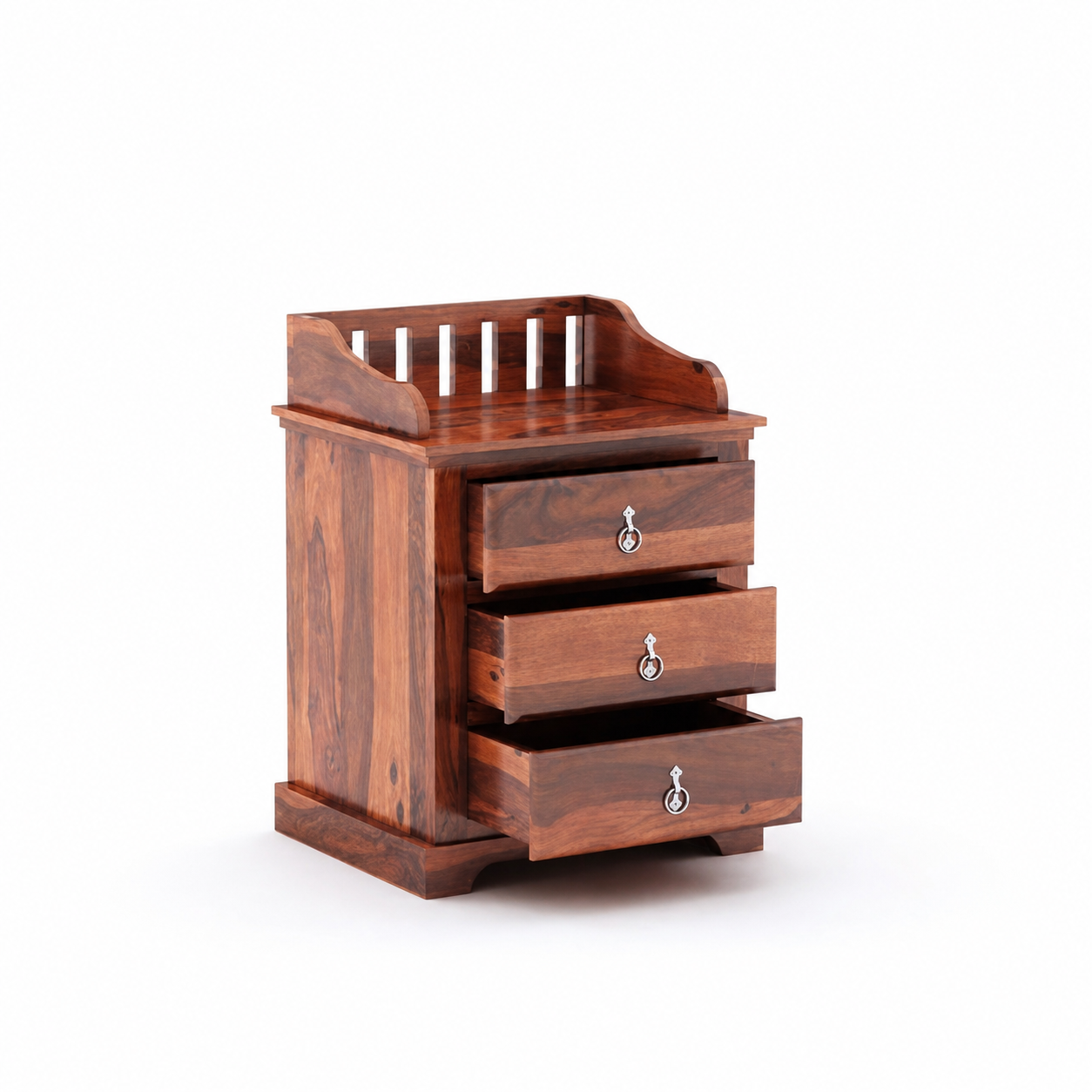 Woodzest 3-Drawer Wooden Bedside Table – Sheesham Finish