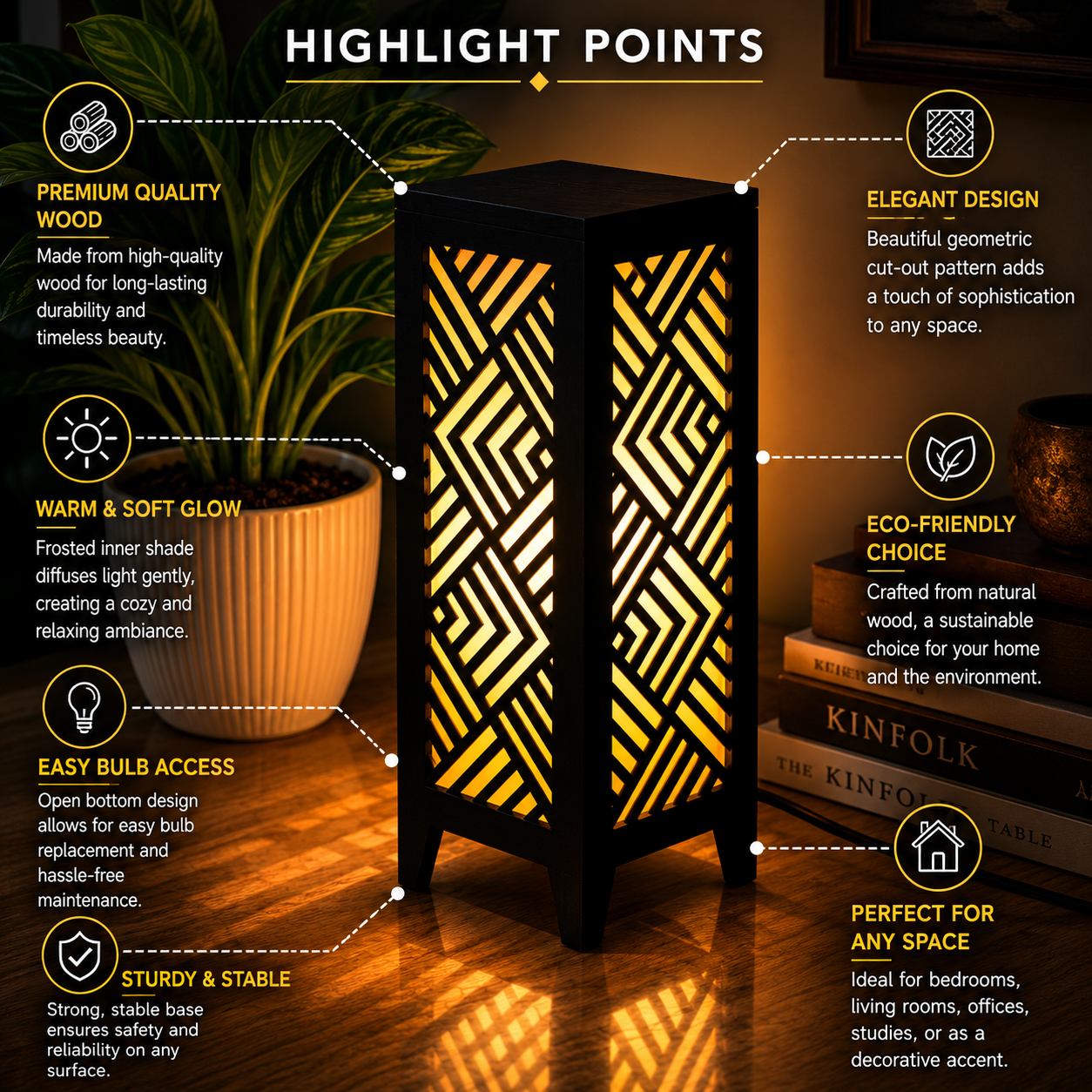 Modern Geometric Wooden Table Lamp | Decorative Warm LED Night Light for Living Room & Bedroom