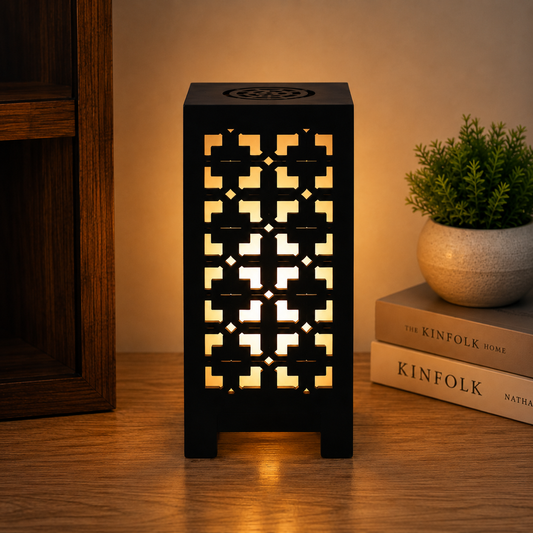 Modern Geometric Wooden Table Lamp | Decorative Warm LED Night Light for Living Room & Bedroom