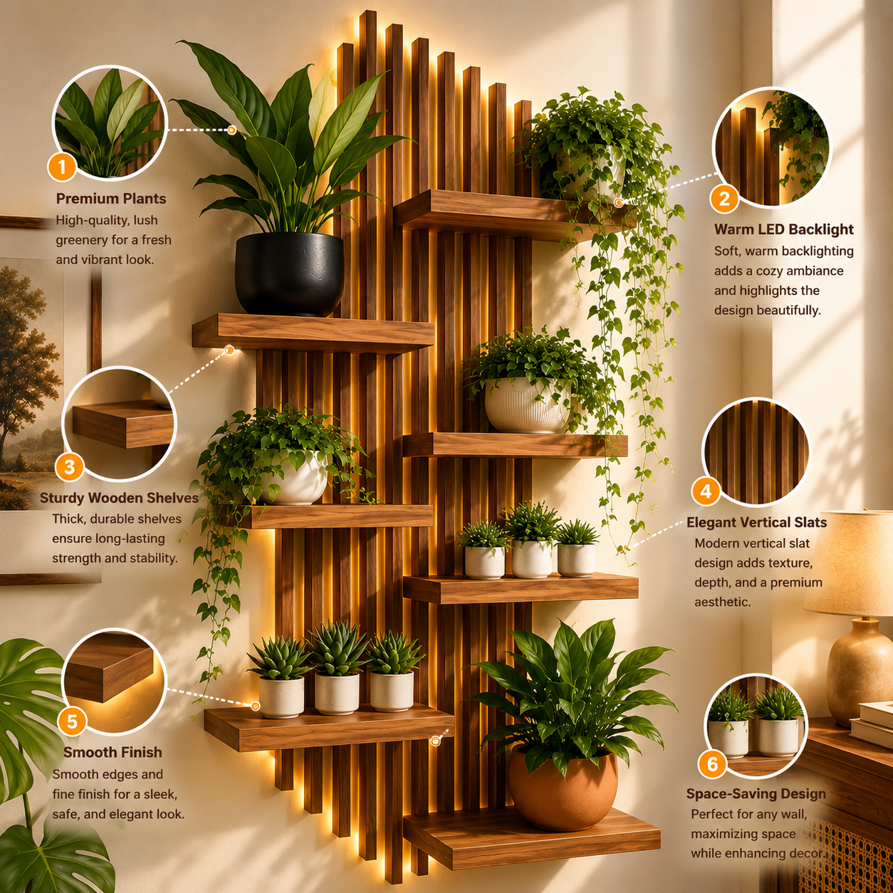 LED Wooden Wall Plant Shelf | Modern Floating Display Shelf with Ambient Backlight