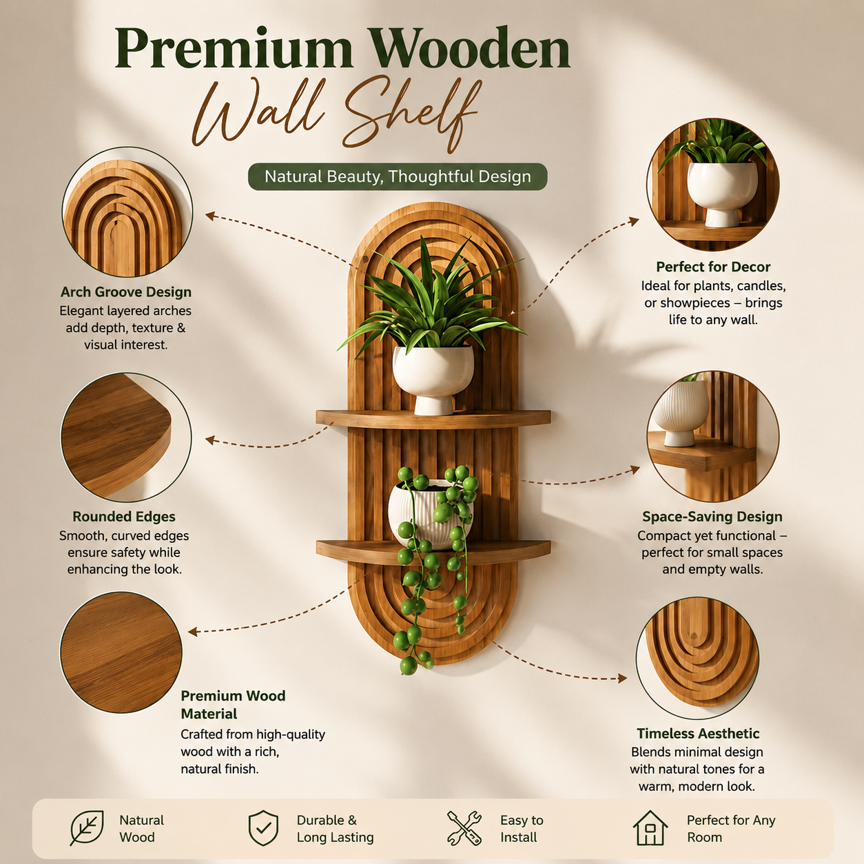 Premium Wooden Wall Shelf with Arch Design | Decorative Floating Shelf for Home