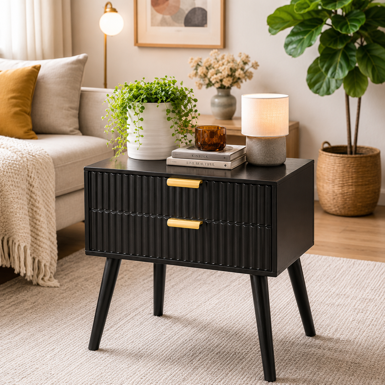 Woodzest Modern Black Bedside Table with 2 Drawers | Contemporary Nightstand with Gold Handles