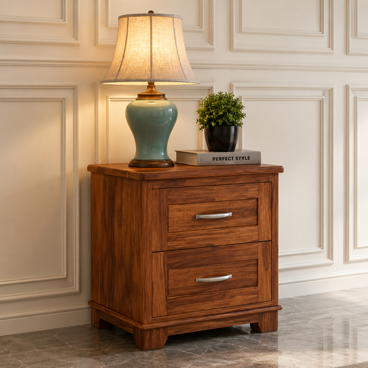 Woodzest Solid Sheesham Wood Bedside Table with 2 Drawers | Wooden Nightstand