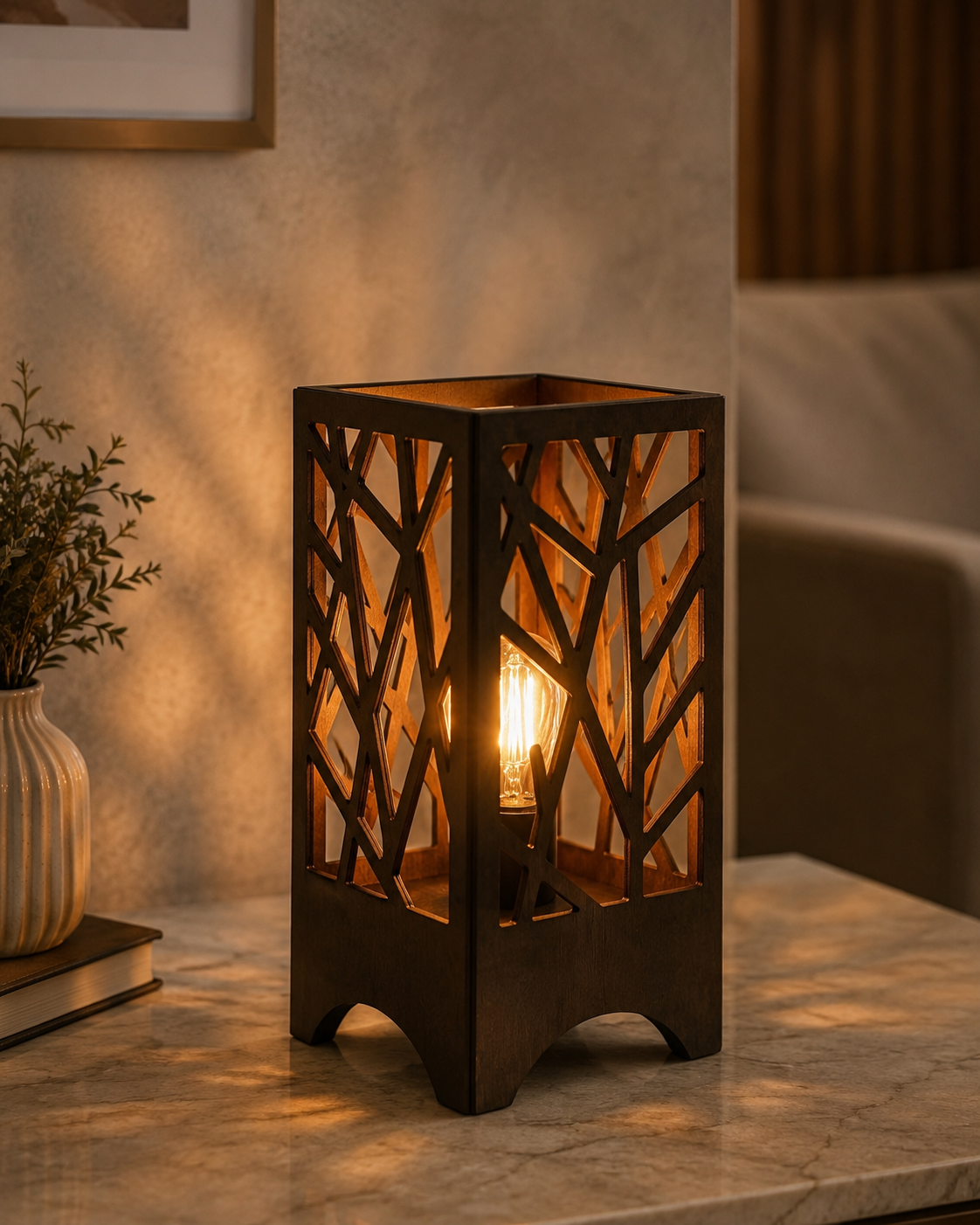 Decorative Wooden Table Lamp with Artistic Cutout Design