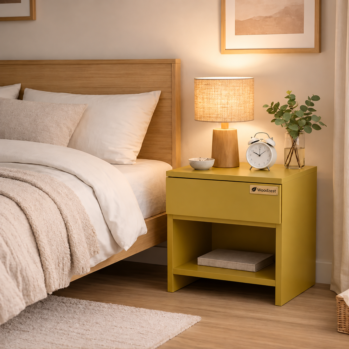 Modern Yellow Bedside Table with Drawer & Open Shelf
