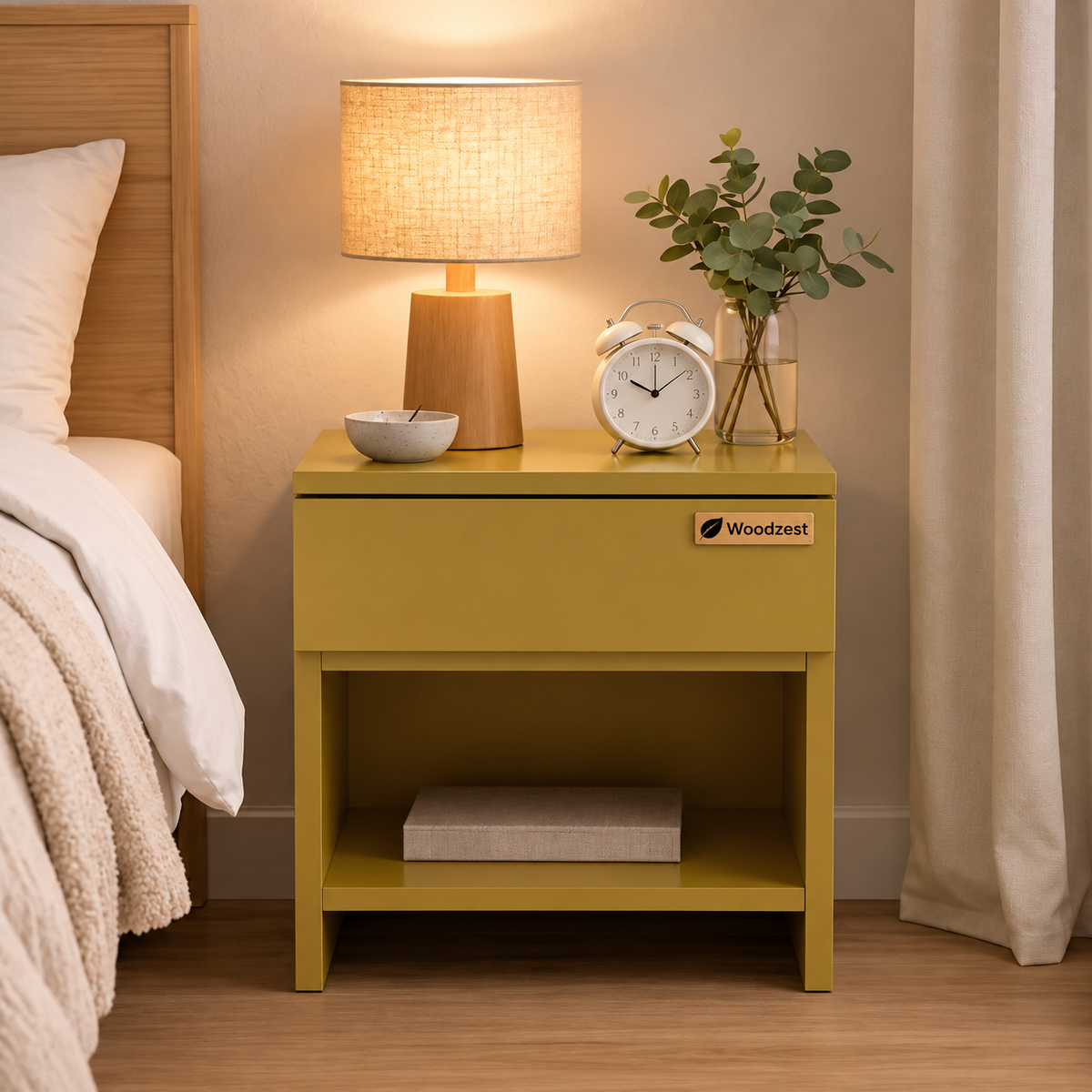 Modern Yellow Bedside Table with Drawer & Open Shelf