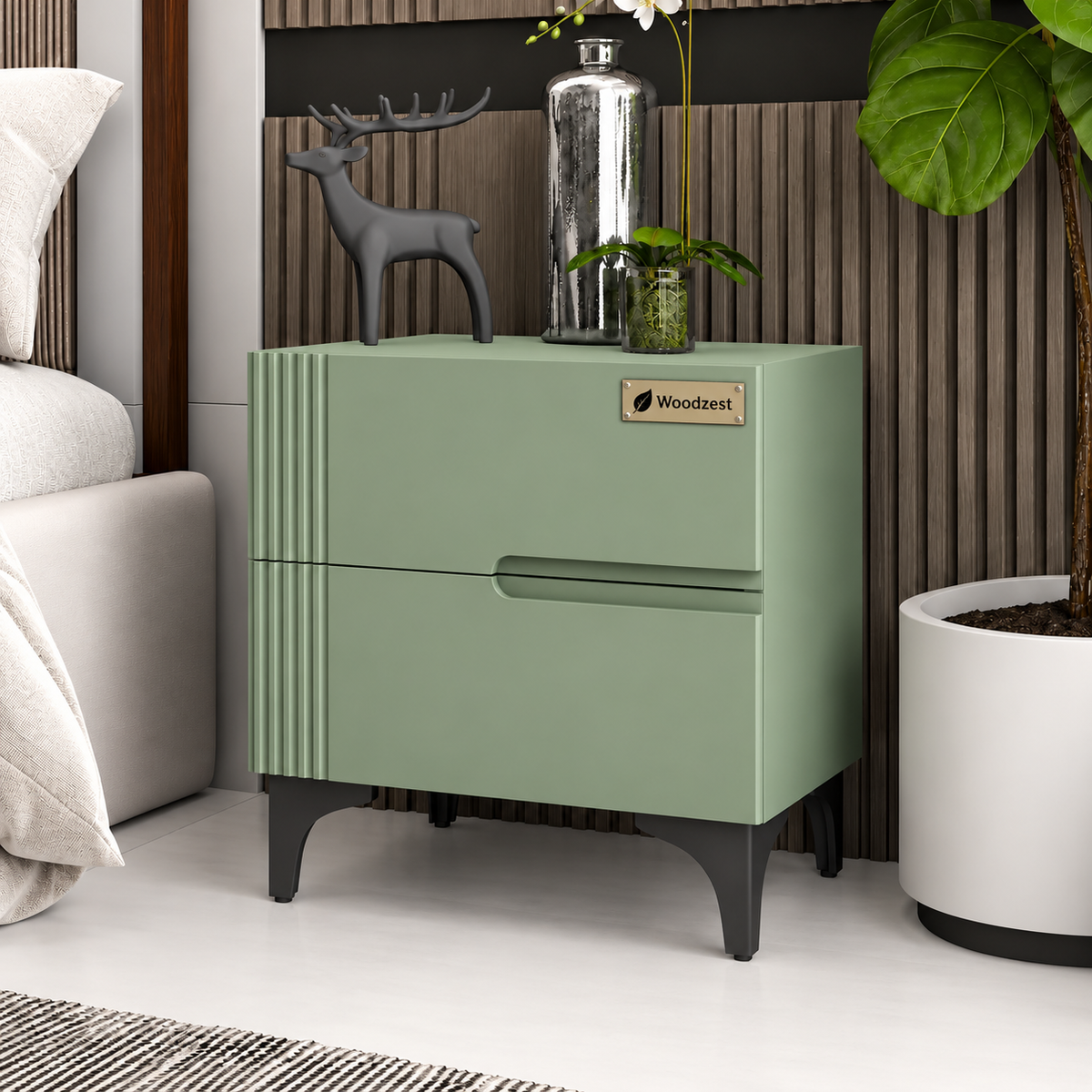 Modern Sage Green Bedside Table with 2 Drawers & Fluted Design