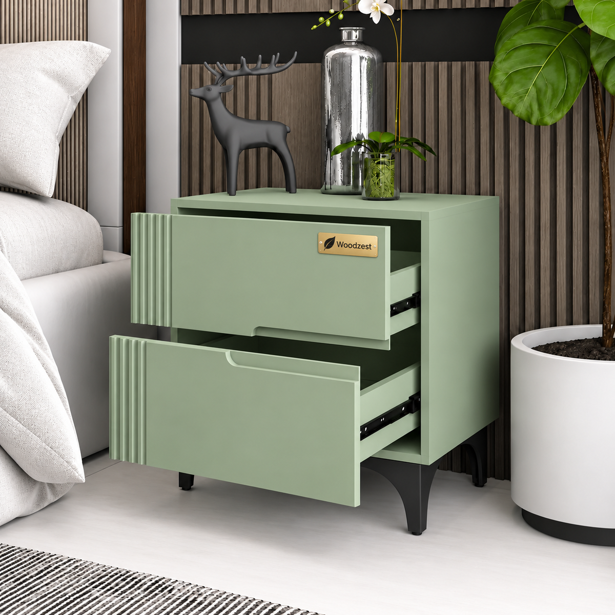Modern Sage Green Bedside Table with 2 Drawers & Fluted Design