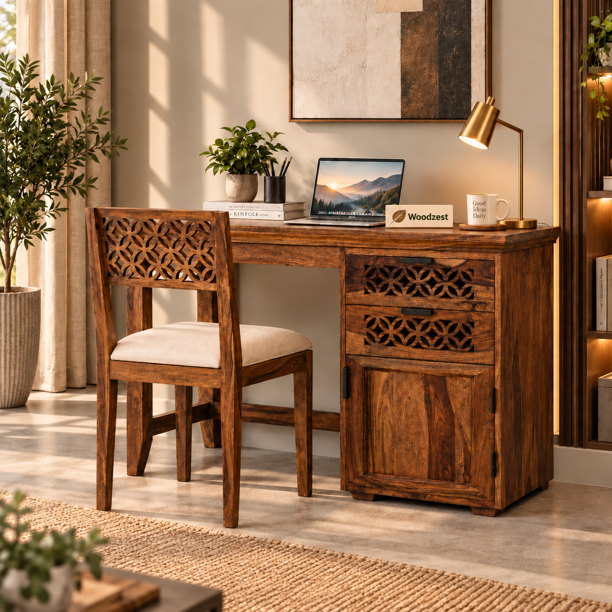 A rustic dark brown wooden writing desk with carved drawer fronts and a matching wooden chair with a cream upholstered seat, styled in a warm, modern home office setting.
