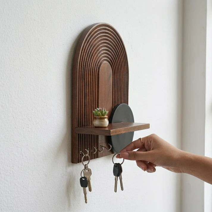 Arch Wooden Wall Key Holder with Shelf