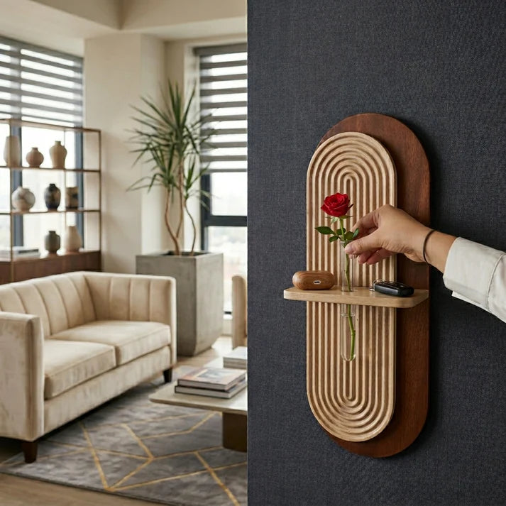 Arch Wooden Wall Shelf with Glass Vase