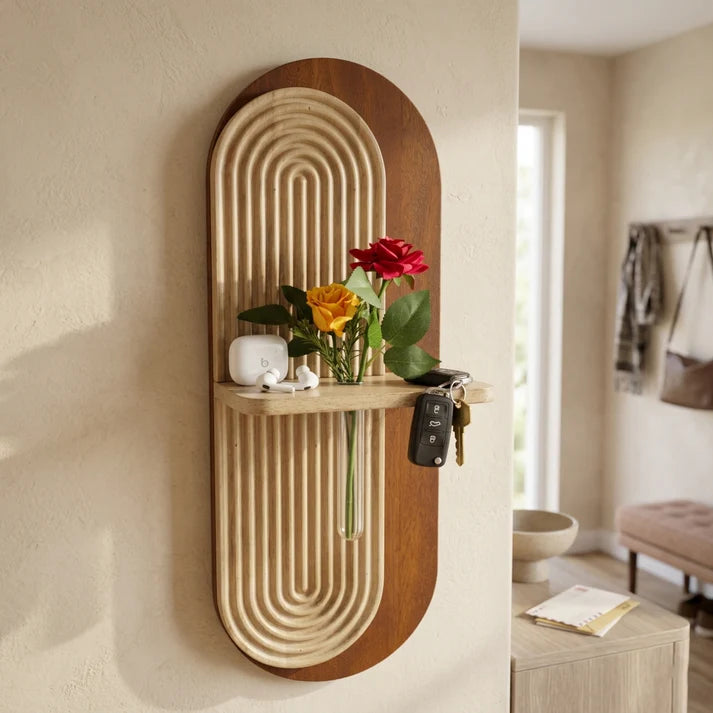 Arch Wooden Wall Shelf with Glass Vase