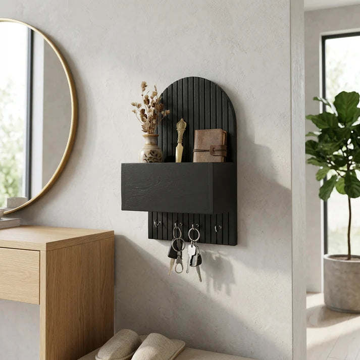 Black Wooden Wall Key Holder with Shelf