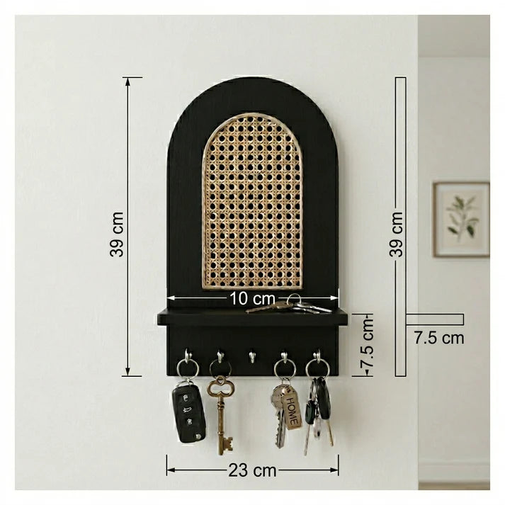 Boho Cane Wooden Wall Key Holder with Shelf
