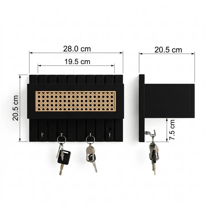 Black Cane Wall Key Holder with Storage Shelf