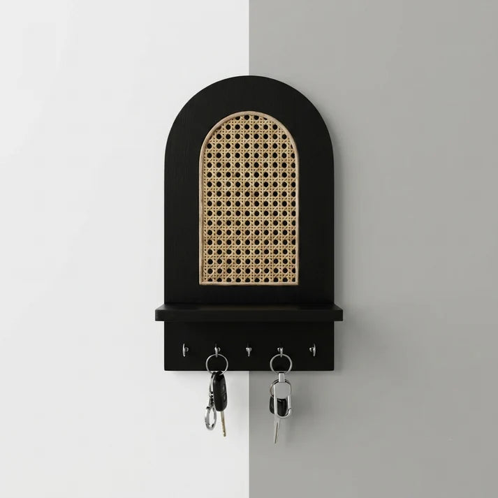 Boho Cane Wooden Wall Key Holder with Shelf