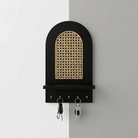 Boho Cane Wooden Wall Key Holder with Shelf