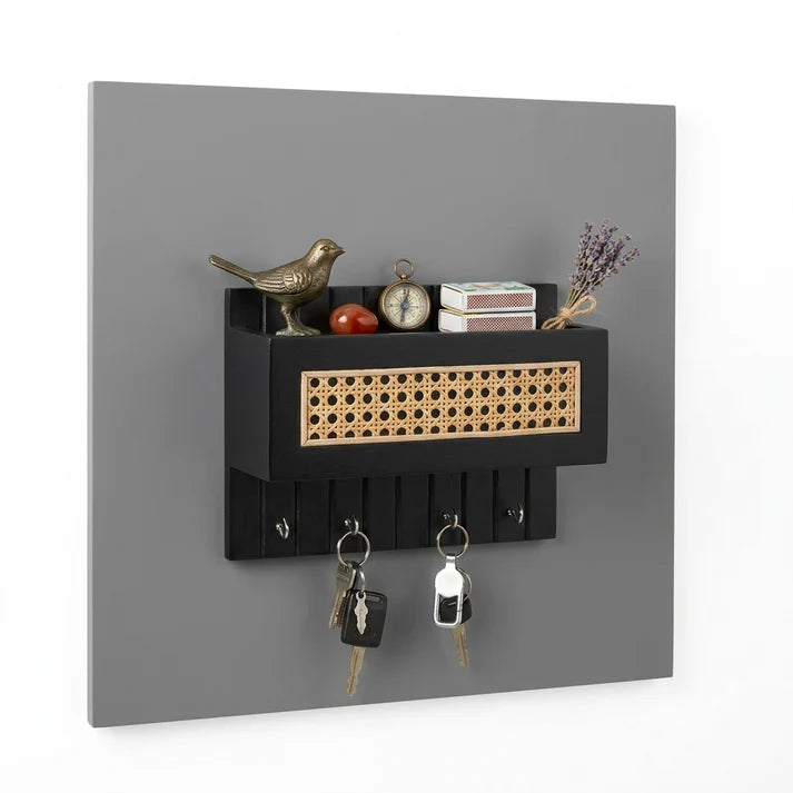 Black Cane Wall Key Holder with Storage Shelf