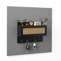 Black Cane Wall Key Holder with Storage Shelf