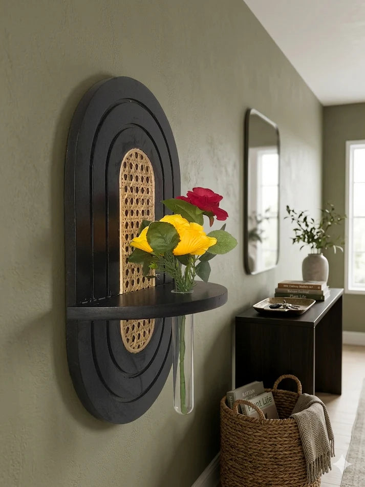 Black Arch Wall Shelf with Glass Vase Holder