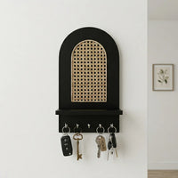 Boho Cane Wooden Wall Key Holder with Shelf