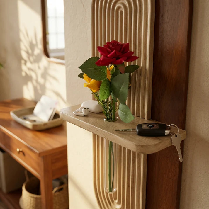 Arch Wooden Wall Shelf with Glass Vase