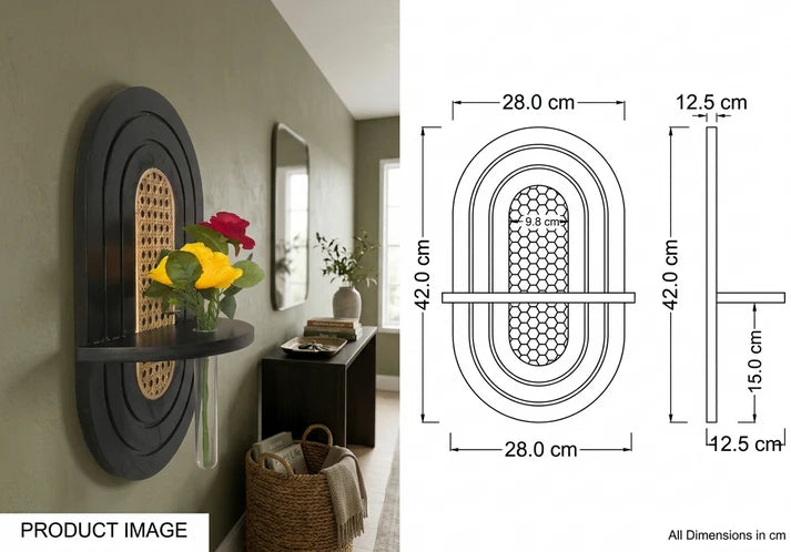 Black Arch Wall Shelf with Glass Vase Holder