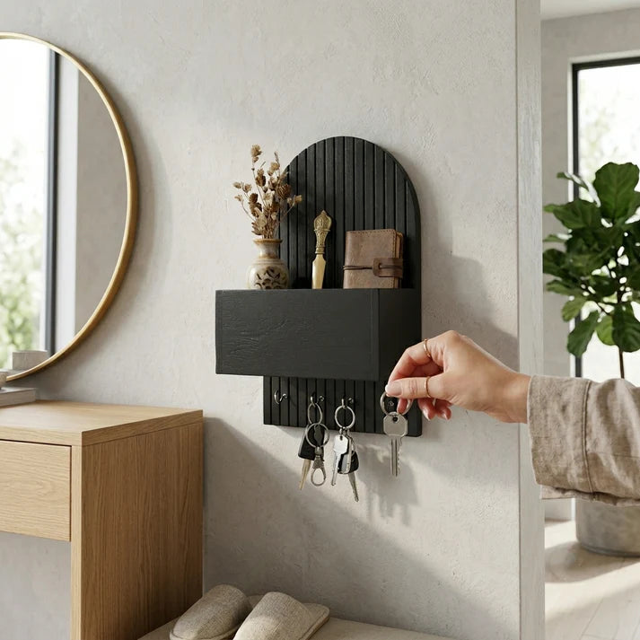 Black Wooden Wall Key Holder with Shelf