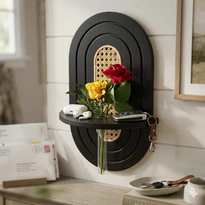 Black Arch Wall Shelf with Glass Vase Holder