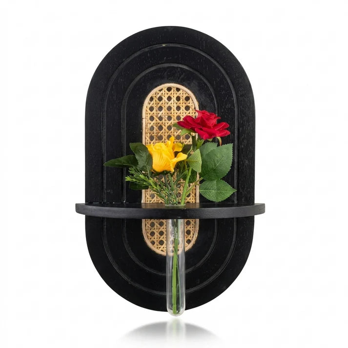 Black Arch Wall Shelf with Glass Vase Holder