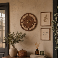 Arched Cane Wooden Wall Clock – Natural Wood Finish with Rattan