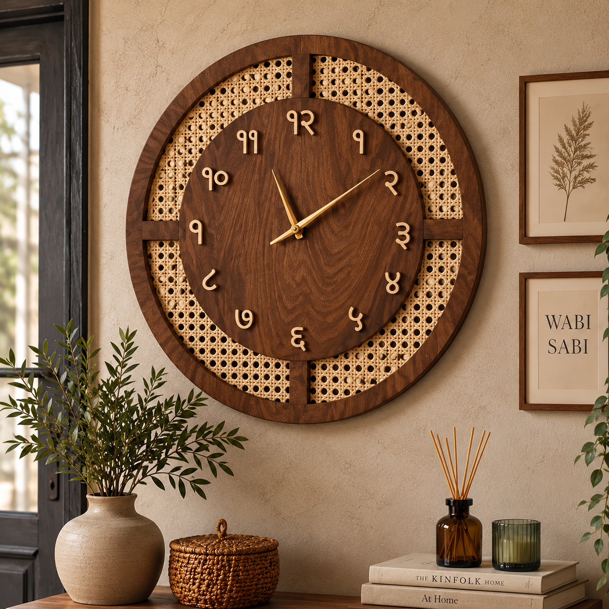 Arched Cane Wooden Wall Clock – Natural Wood Finish with Rattan