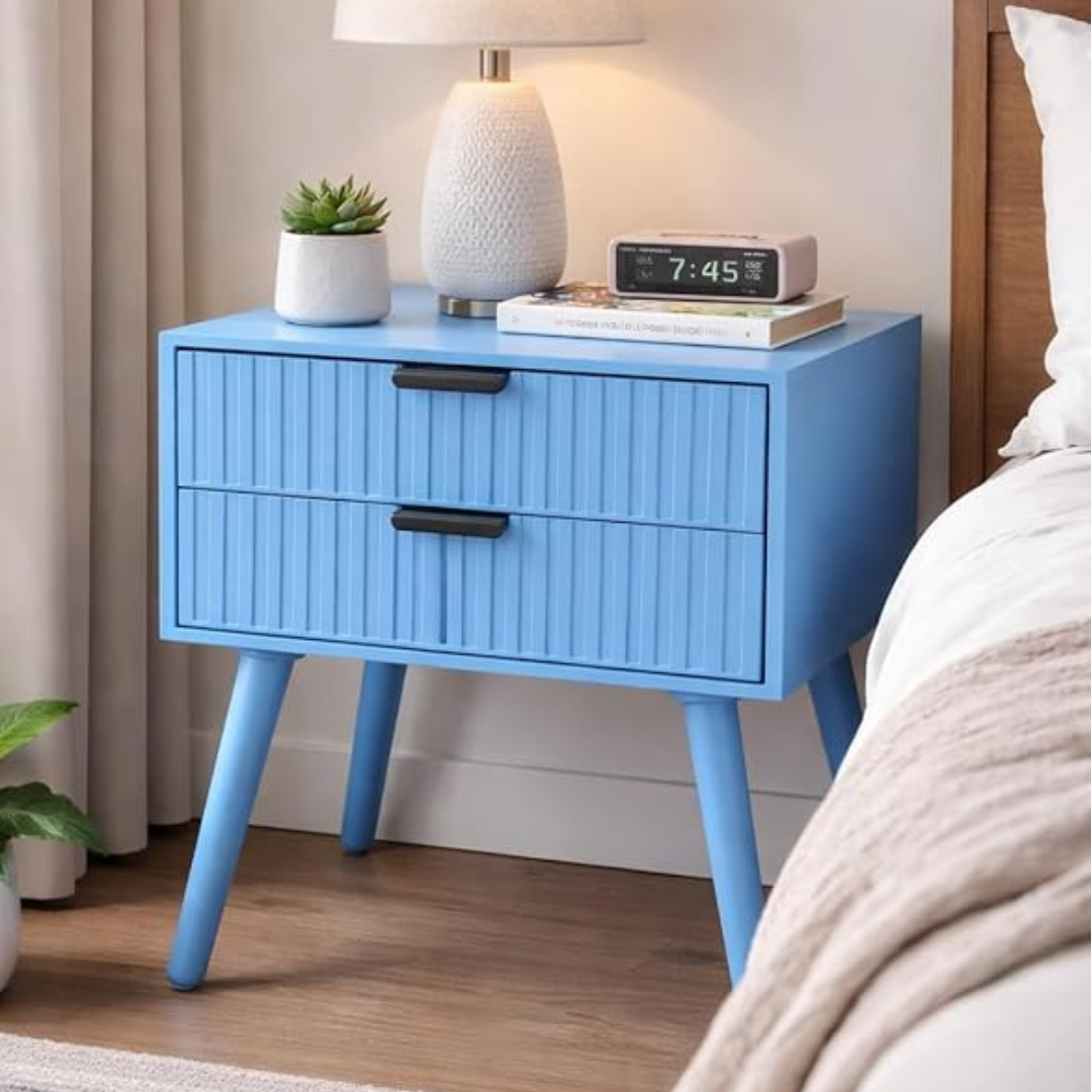 Woodzest Modern Blue Bedside Table with 2 Drawers | Wooden Nightstand for Bedroom | Contemporary Side Table with Storage