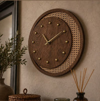 Premium Solid Wood & Cane Wall Clock for Living Room | Modern Home Decor
