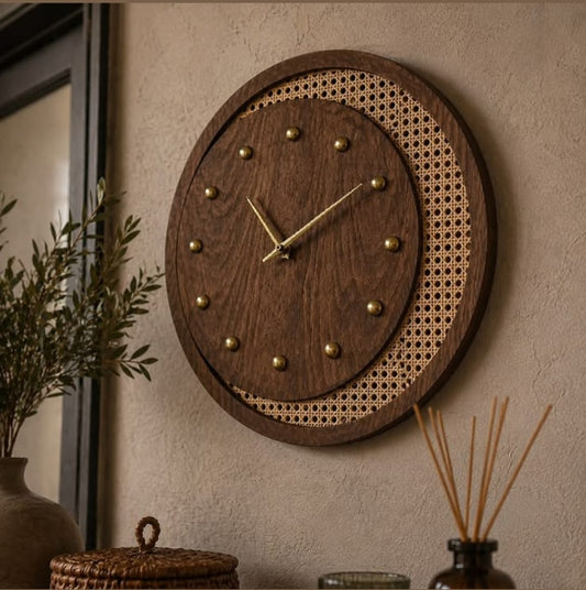Premium Solid Wood & Cane Wall Clock for Living Room | Modern Home Decor
