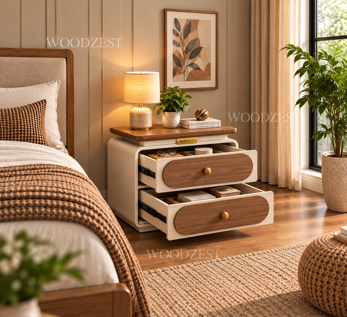 Modern Cream & Walnut 2 Drawer Bedside Table