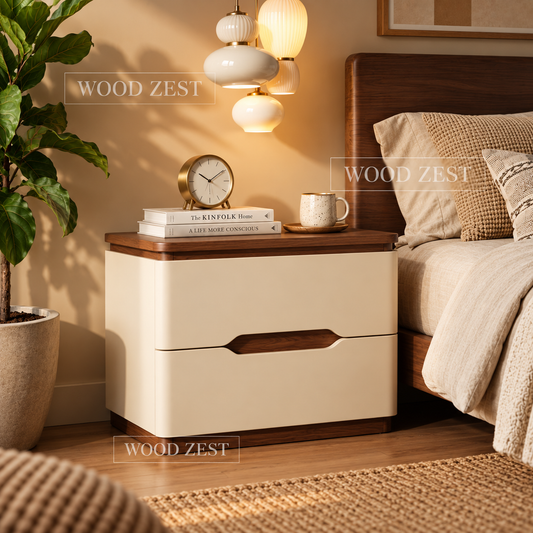 Cream & Walnut 2 Drawer Wooden Bedside Table with Modern Design