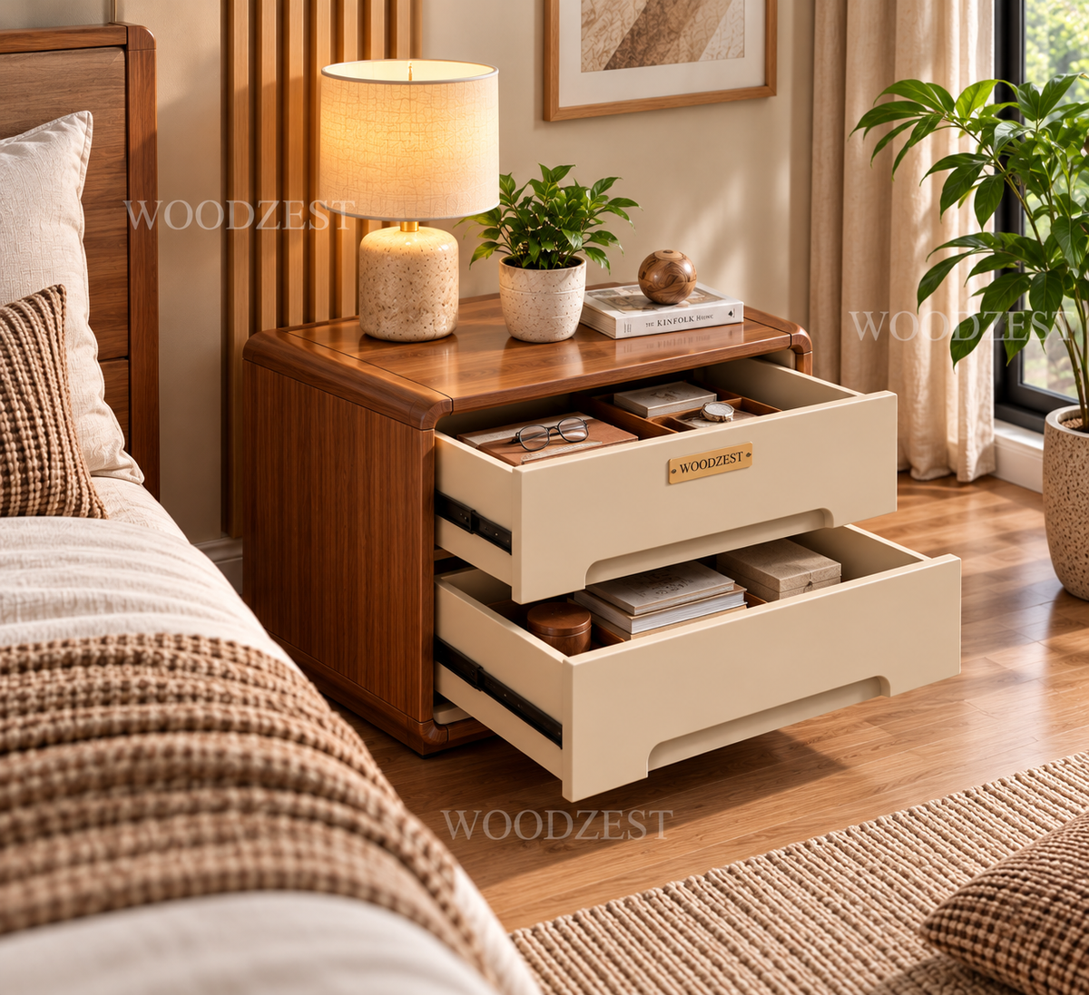 Modern Walnut & Cream 2 Drawer Bedside Table