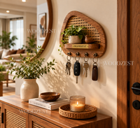 Wooden Cane Key Holder with Shelf & 4 Hooks
