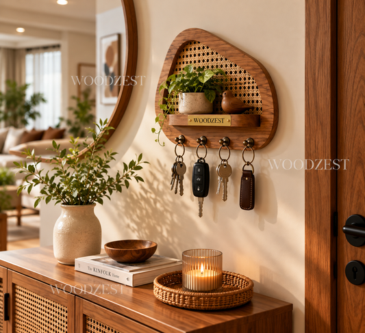 Wooden Cane Key Holder with Shelf & 4 Hooks