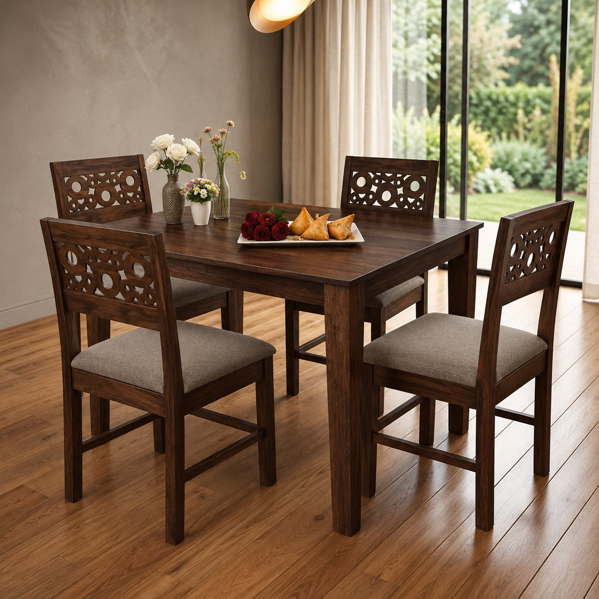4 Seater Dark Brown Dining Table Set with Carved Back Chairs
