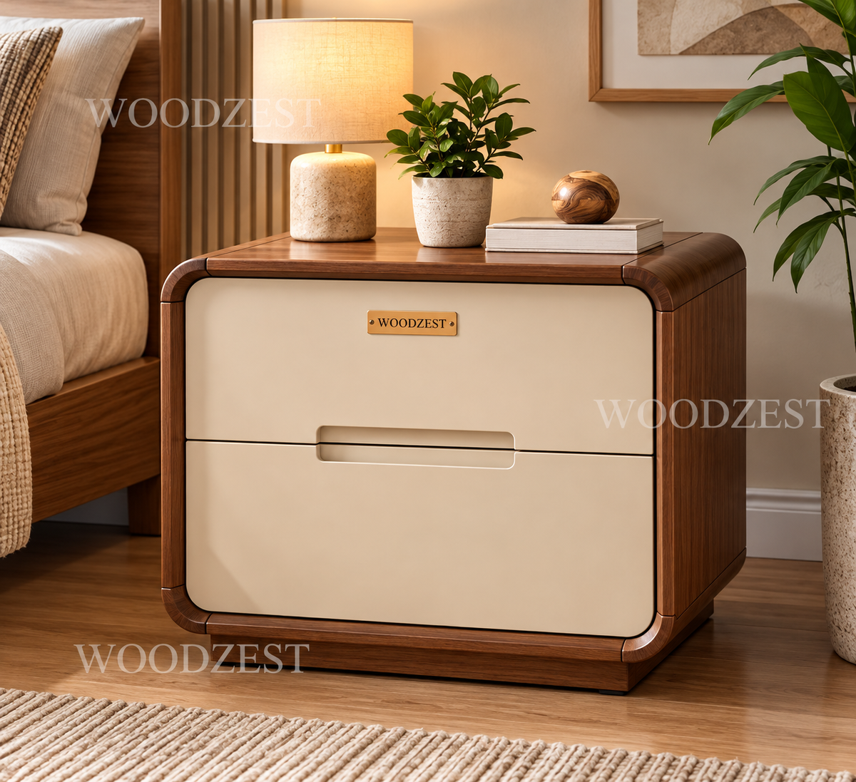 Modern Walnut & Cream 2 Drawer Bedside Table