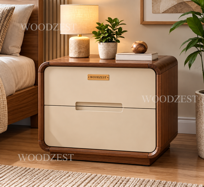 Modern Walnut & Cream 2 Drawer Bedside Table